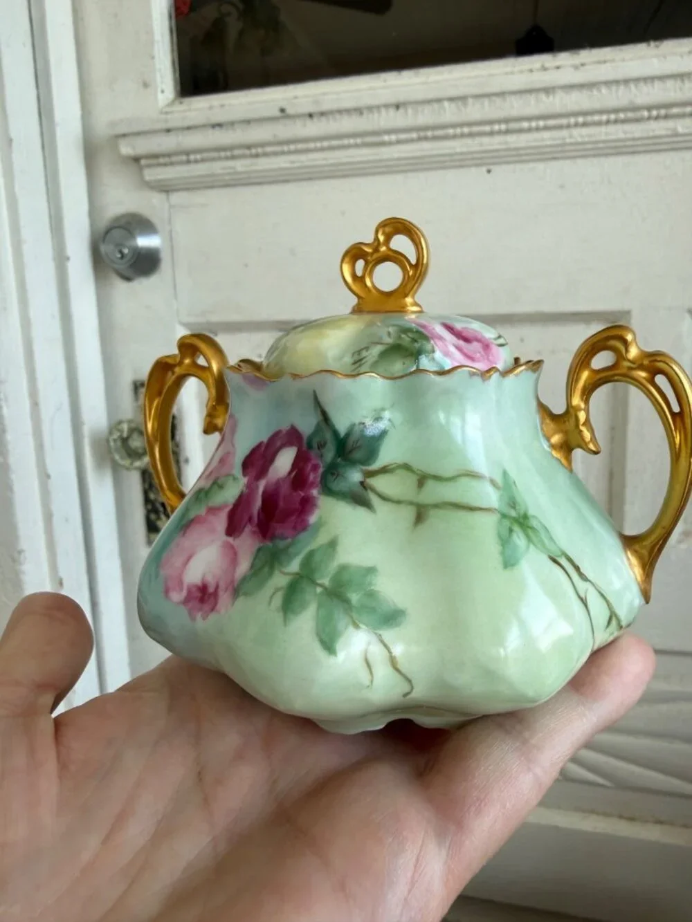 Vintage 40's Hand Painted Floral Porcelain Sugar and Greamer Set Gold Accent